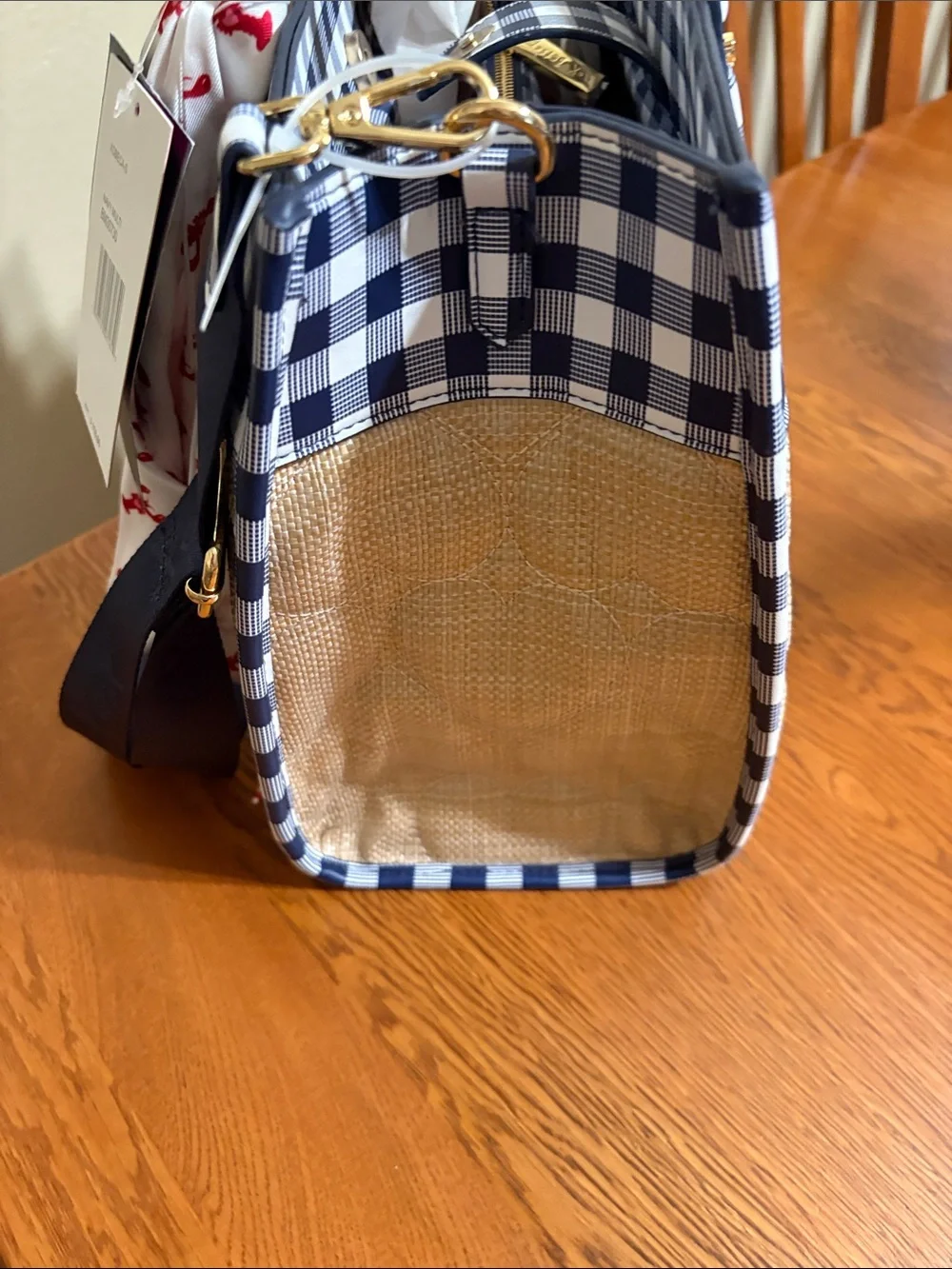 Betsey Johnson Navy & Natural Gingham-Accent Tote Bag with Scarf- NWT